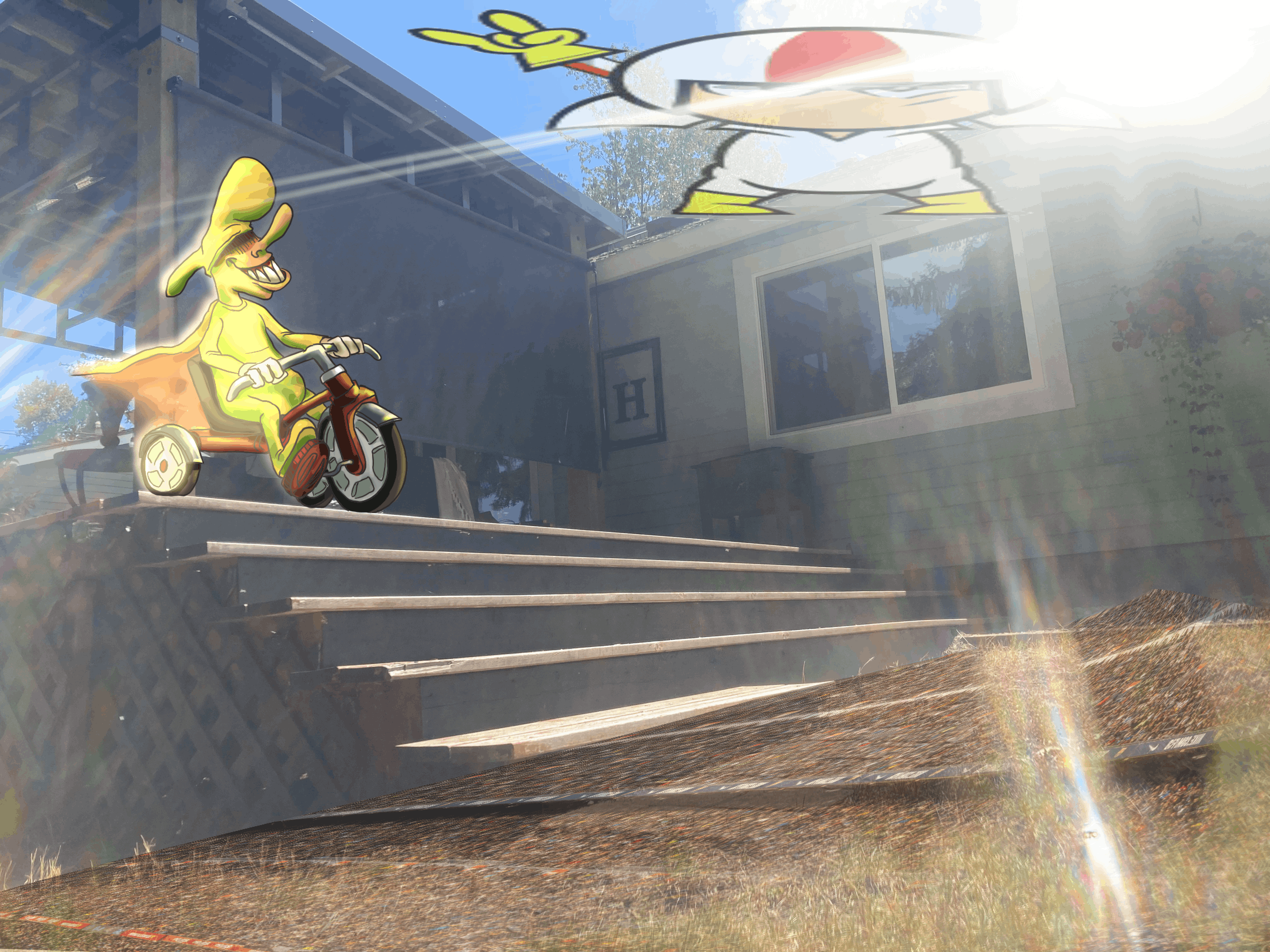 Bo Noise riding a tricycle on Xavier's back porch, approaching a set of stairs that descend to the grassy area. Bo's eyes are obscured and they are confidently smiling. The picture is taken at a low angle near the grass and the sun is glaringly bright. The camera that was used to shoot this photo had a cracked lens, causing the photo to have a couple rainbow streaks around its border. A picture of Kick Buttowski is obscured by the blinding sun in the top right corner. There is a photo of a giant crowd layered over the grass at a low opacity.